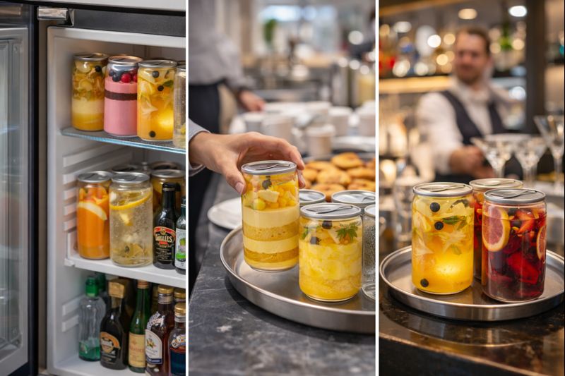hotelová ponuka s plastovými plechovkami na minibar