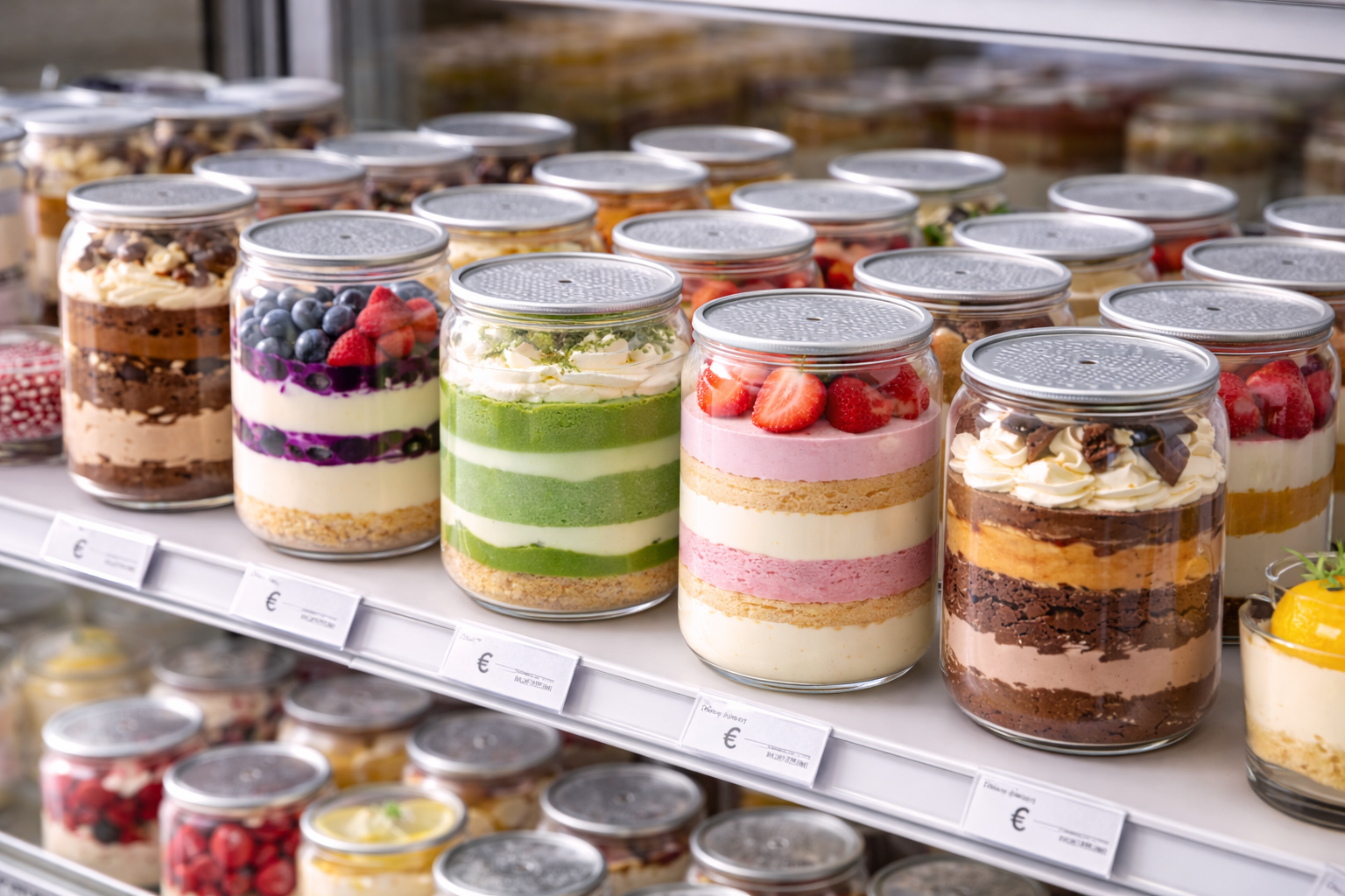 výklad cukrárne s plastovými plechovkami na dezerty
